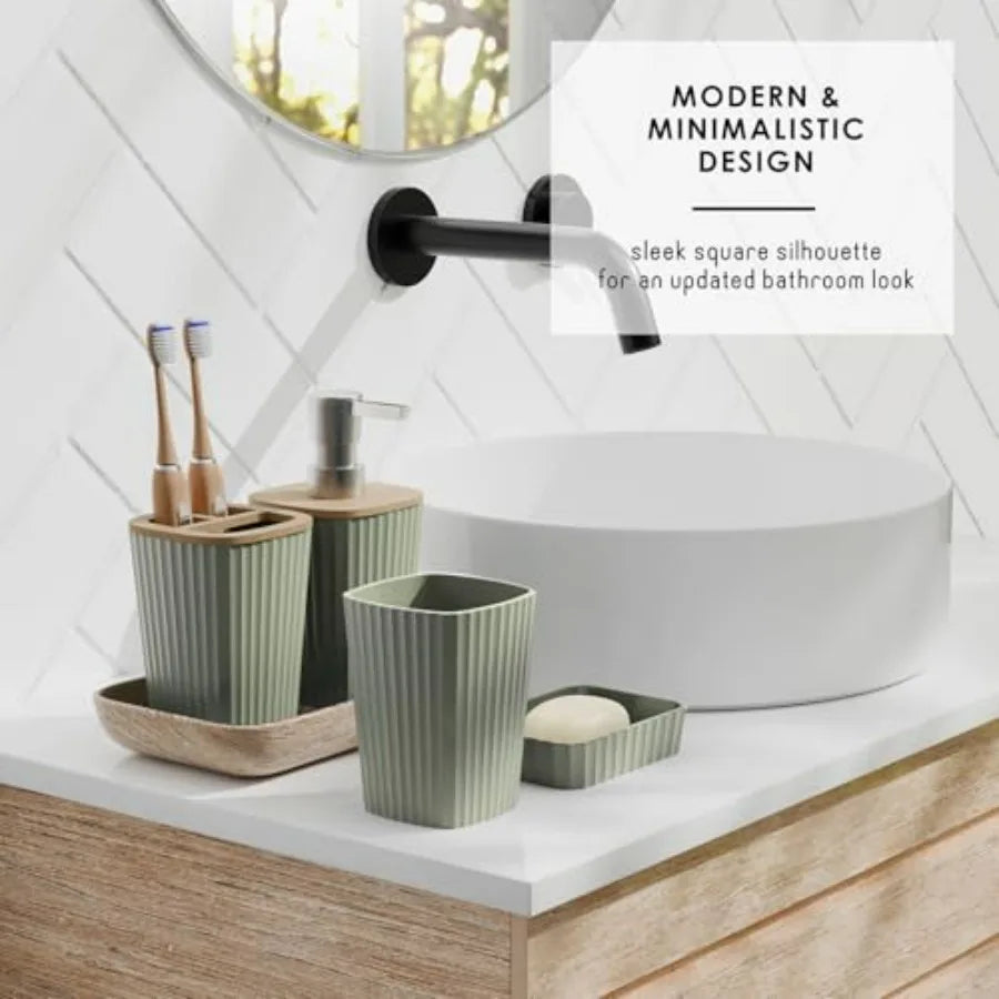 Sage Green Bathroom Set for Modern Bathrooms with Rugs Brush Trash Can Soap Dispenser 6PC Accessory Set in Durable Material