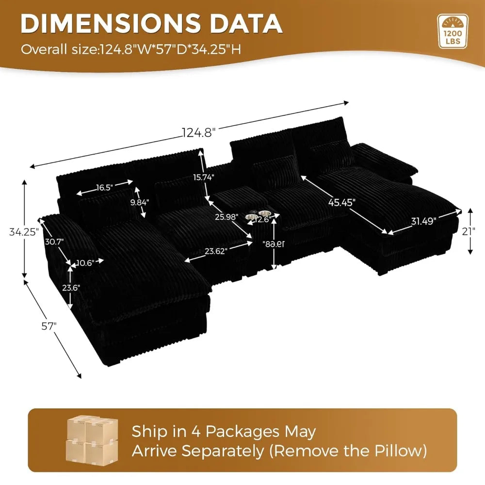 124" Cloud Couch Sectional U Shaped Jet Black Sectional Couches for Living Room, Plush Soft Comfy Fluffy Corduroy, Customized