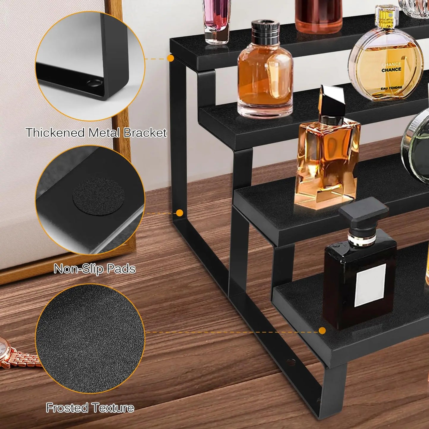 4 Tier Wood Cologne Organizer 12 Inch Waterproof Perfume Display Stand with Anti-Slip for Men Dresser Top