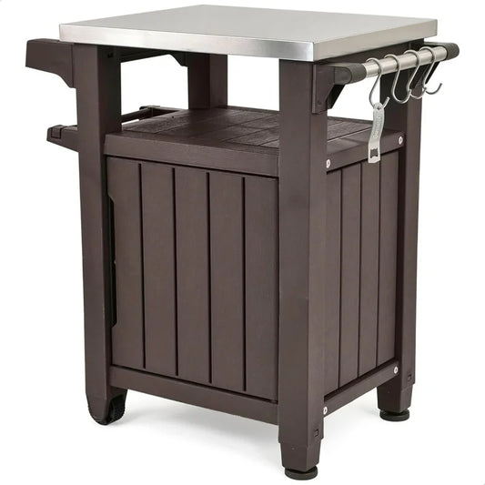 Unity Outdoor Grill Prep Table & Serving Cart, Stainless Steel Top, 40 Gallon Portable Bar Table & Storage Cart, Cooking Accesso