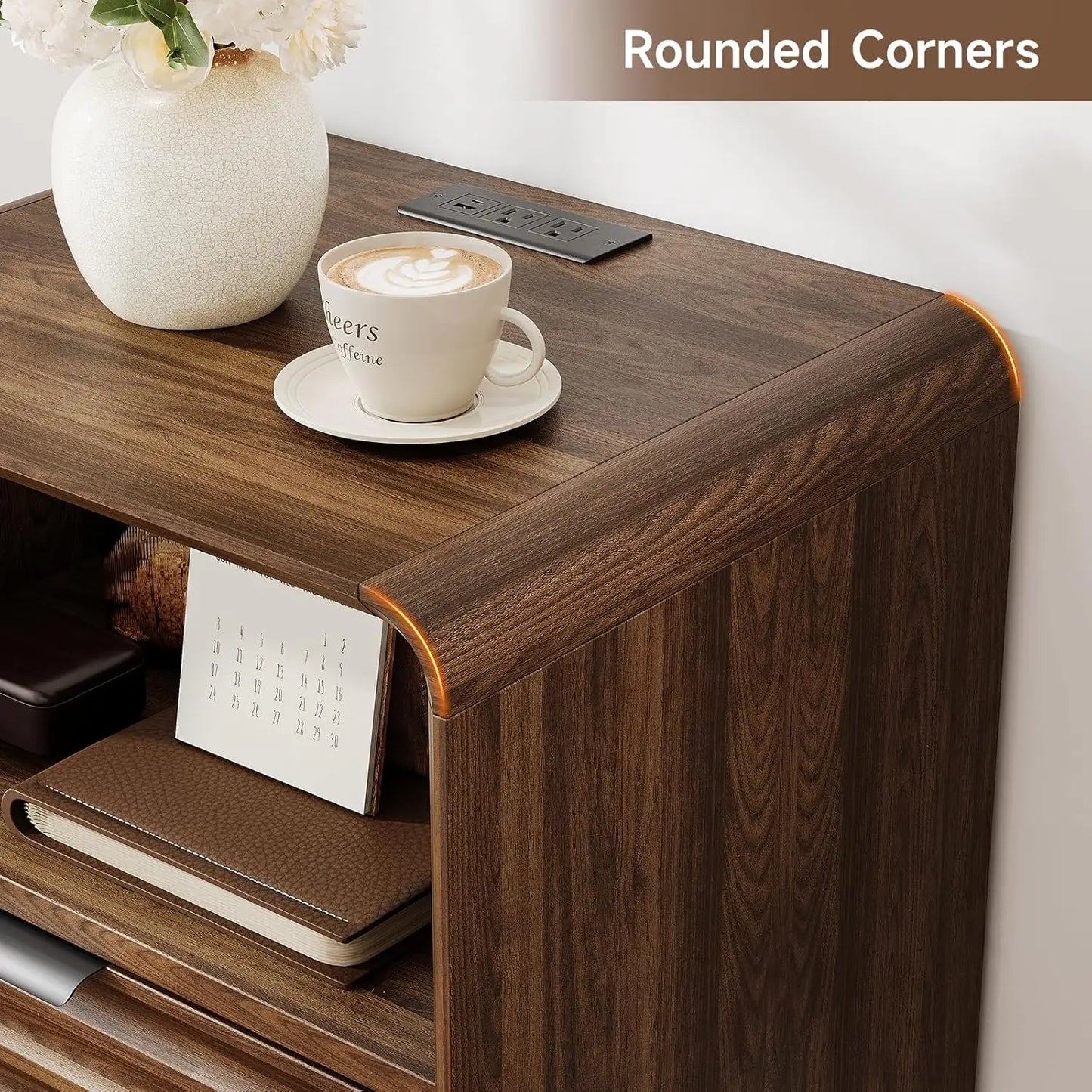 19.7'' End Table Charging Station Fluted Drawer Open Cubby Mid Century Nightstand Bedroom Living Room Walnut, Customized