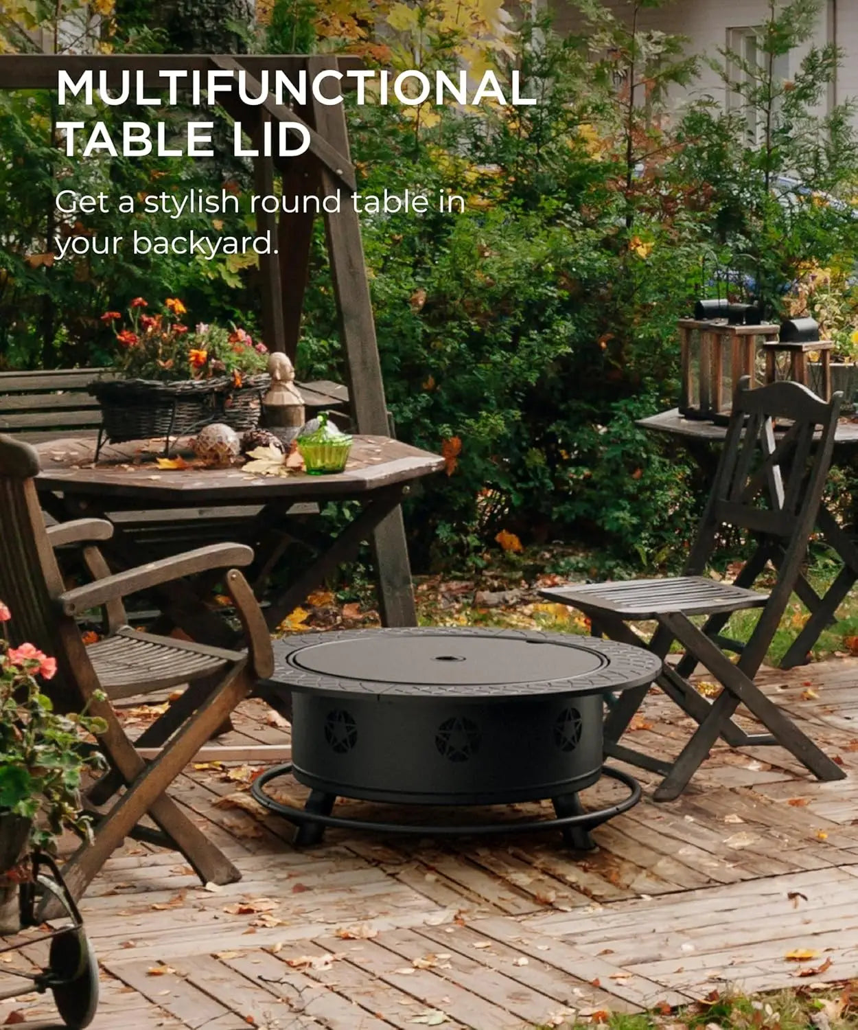 35 Inch Fire Pit with BBQ Grill, Wood Burning Fire Pits for Outside with Lid & Fire Poker, 3 in 1 Round Metal Fire, Customized