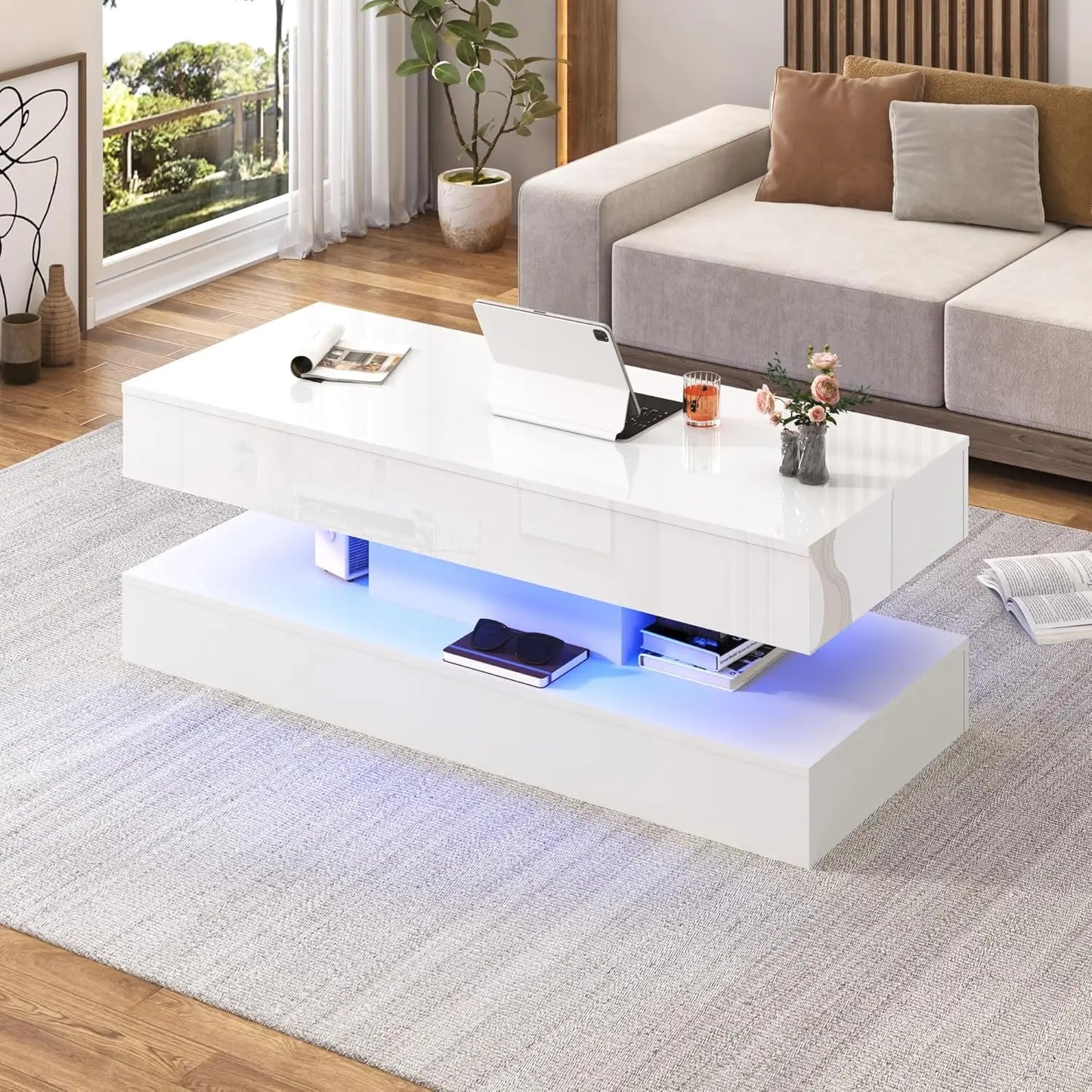 47.2" Large Lift Top Coffee Table,Modern High Glossy LED Coffee Tables for Living Room with Storage Drawer,White, Customized