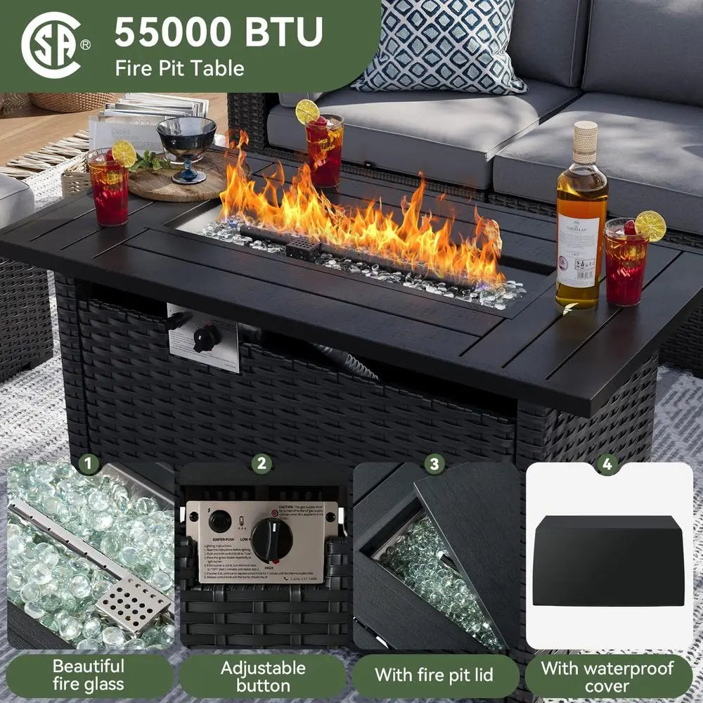 8 Piece Patio Furniture Set with 44 Fire Pit Table Wicker Rattan Sectional Sofa Outdoor Seating with Thickened Cushion, Grey