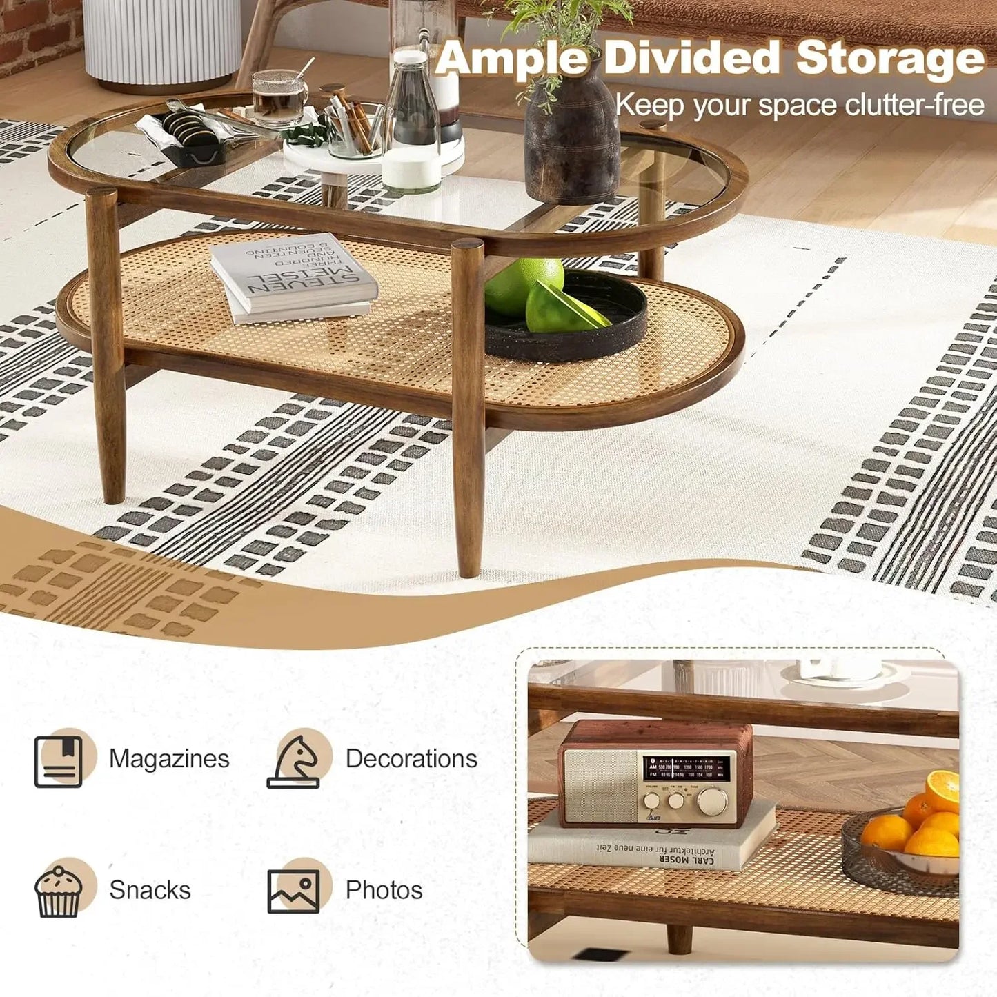 Rattan Coffee Table, 2-Tier Oval Acacia Wood Tea Table w/Tempered Glass Tabletop & PE Rattan Storage Shelf, Boho Cocktail Tables