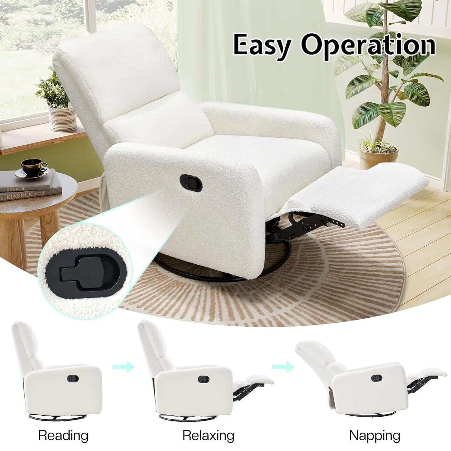 Swivel Glider Rocking Recliner Chair Upholstered Comfy Nursery Living Room Bedroom Teddy White No Side Pockets, Customized