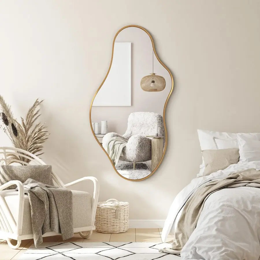 Wall Mirror, 20x36 Gold Abstract Asymmetrical Mirrors for Wall, Decorative Cloud Wavy Mirror for Living Room
