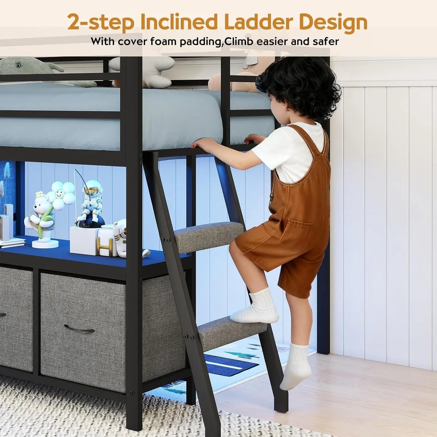 Twin Low Loft Bed 7 Drawers Bookcase 14" Guardrail LED Steel Slat Kids Play Space Gray, Customized