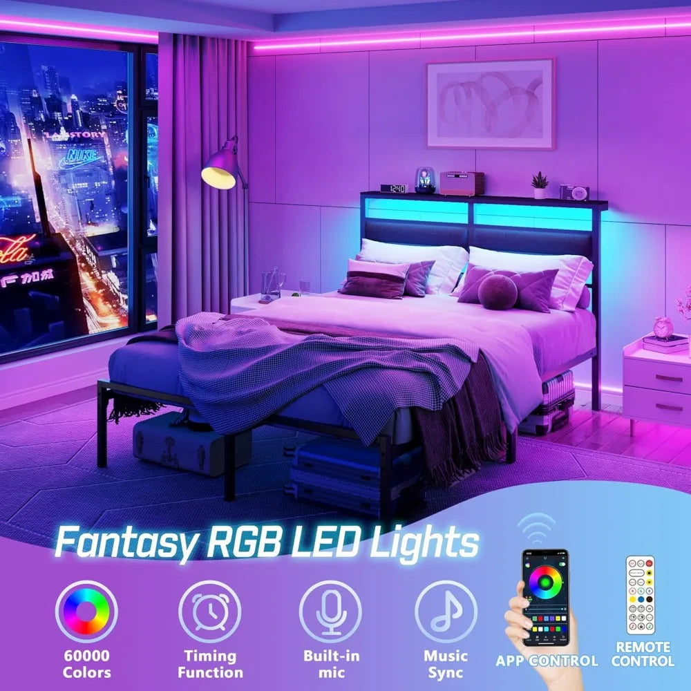 Bed Frame with Headboard, Bed Frame with LED Light and Charging Station, Black Metal Platform, Customized