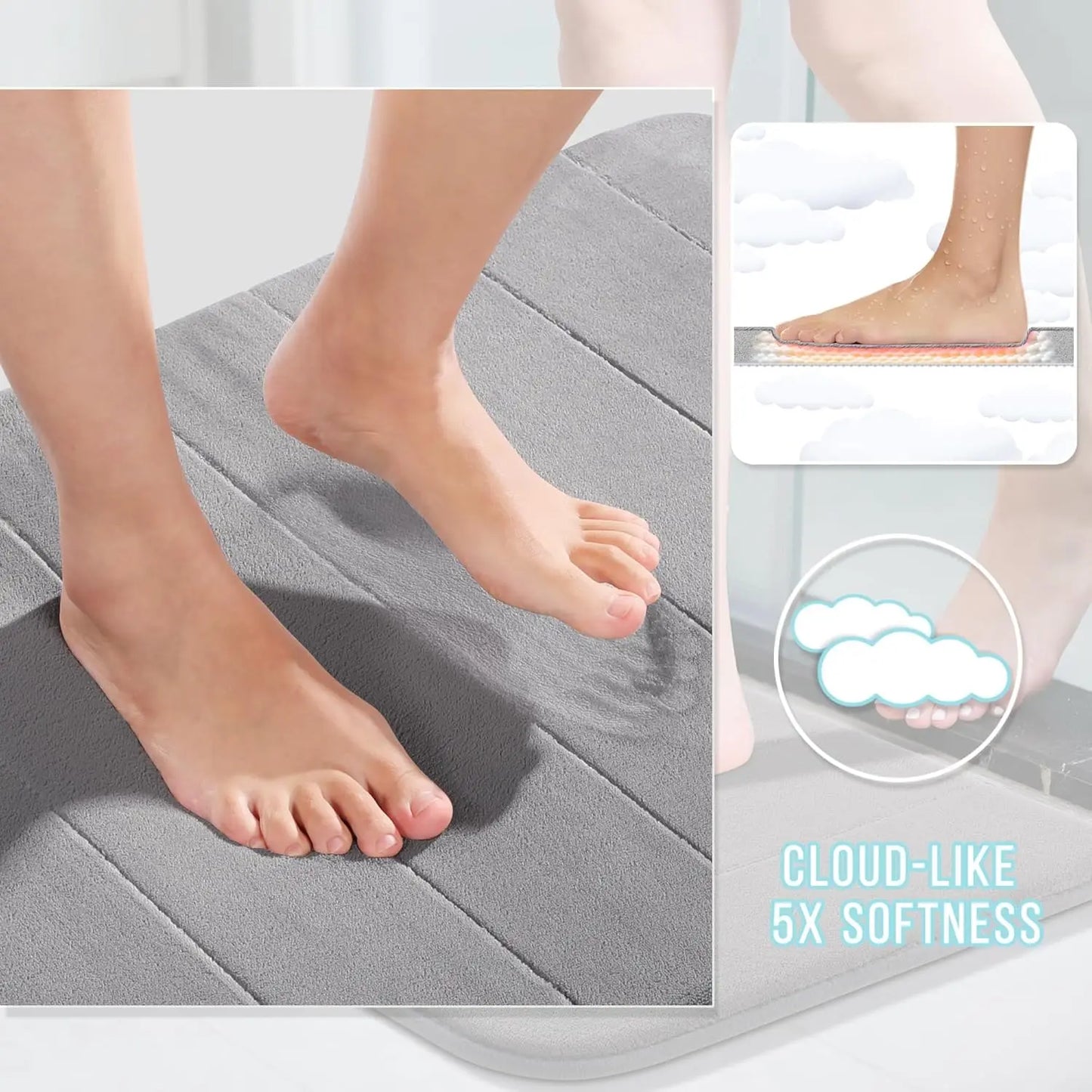 Non-Slip Memory Foam Bath Mat, Super Soft Water Absorbent Rug for Bathroom Vanity Tub Shower, Gray