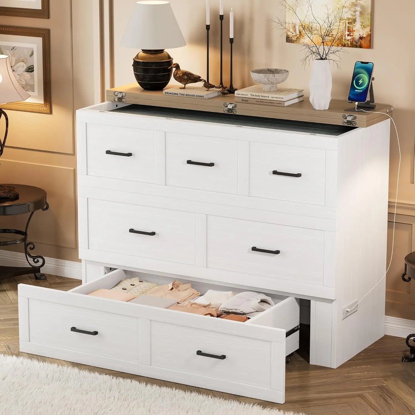 Full Size Murphy Bed Cabinet Bed Foldable Platform Bed with Charging Station Storage Drawer for Small Bedroom, Customized