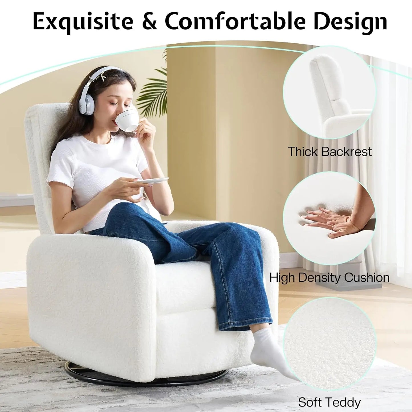 Swivel Glider Rocking Recliner Chair Upholstered Comfy Nursery Living Room Bedroom Teddy White No Side Pockets, Customized