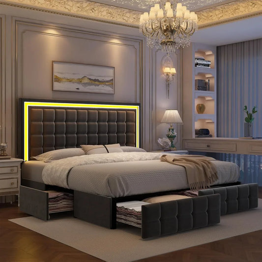 Full Bed Frame with LED Lighting and Storage Drawers, No Box Spring Needed, Supports 900 lbs, Easy Assembly, Quiet-Customized