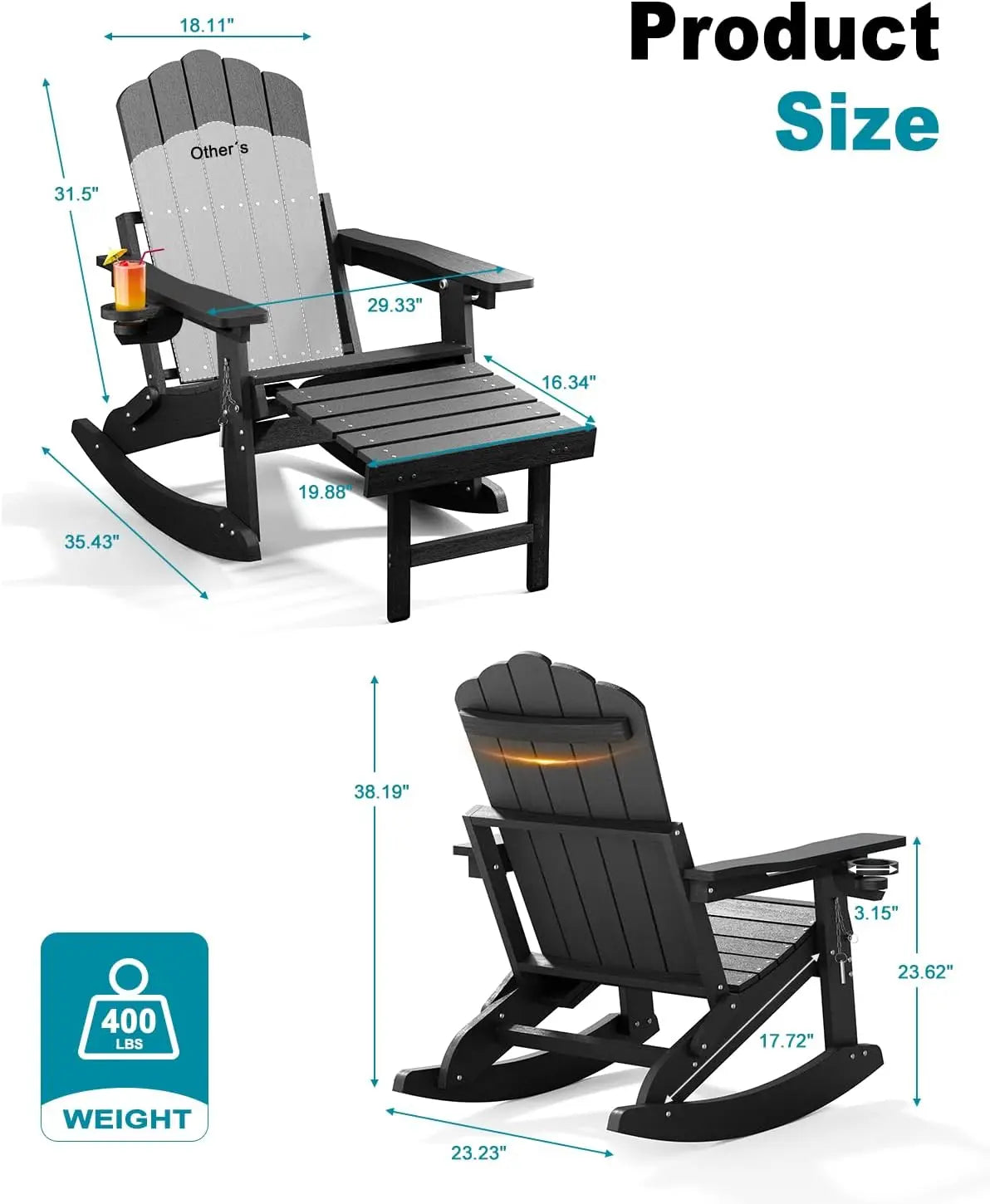 Adirondack Rocking Chairs with Retractable Ottoman & Cup Holders, 6-in-1 Folding HDPE Outdoor Rockers for Patio, Porch, Lawn