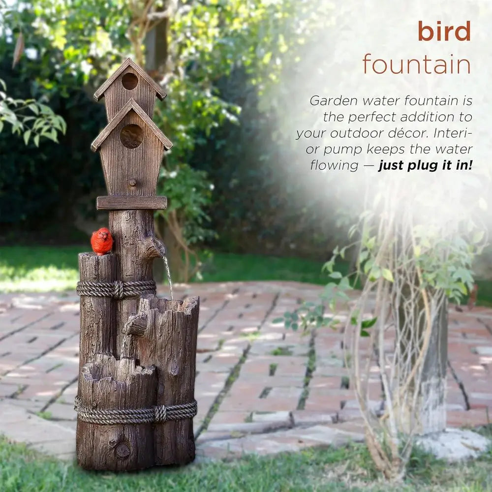 35" Tall Outdoor 3-Tier Birdhouse Water ountain with Accent, Rustic loor Decor or Garden and Patio, Brown