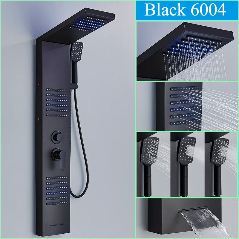 Nekjacg Black LED Shower Faucet Shower Panel & Column Bathroom Waterfall Rain Shower System Wall Mount Massage Spa Spout System