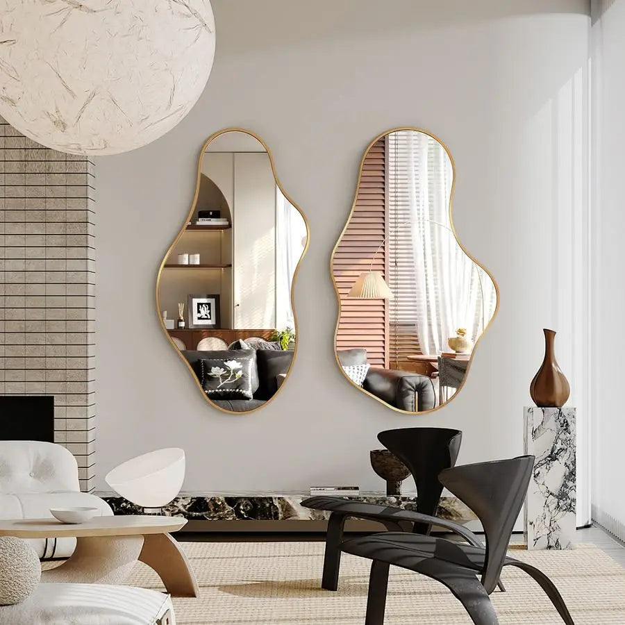 Wall Mirror, 20x36 Gold Abstract Asymmetrical Mirrors for Wall, Decorative Cloud Wavy Mirror for Living Room