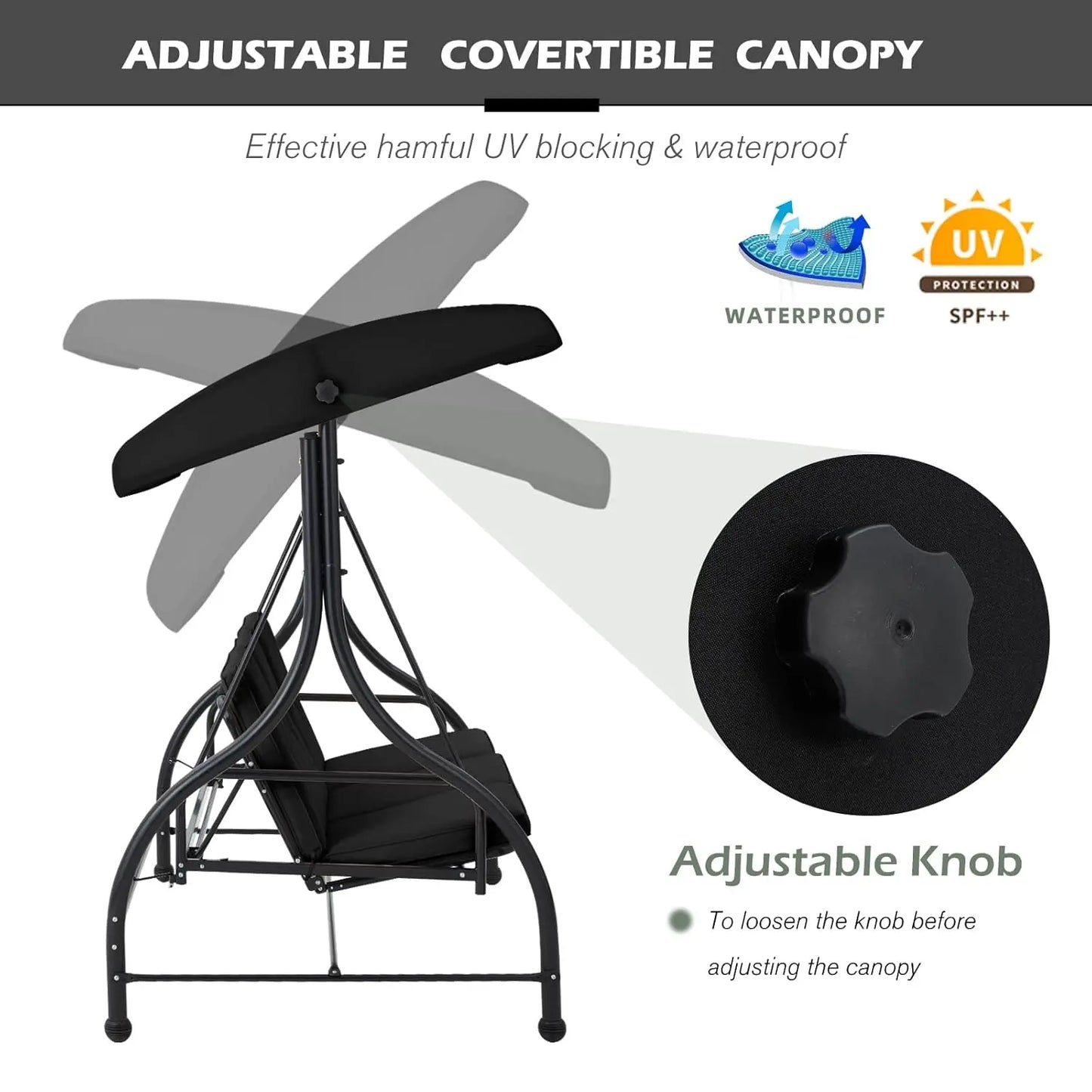 3-Seat Outdoor Patio Swing Chair, Converting Swing Glider Canopy Hammock w/Adjustable Backrest and Canopy, Customized