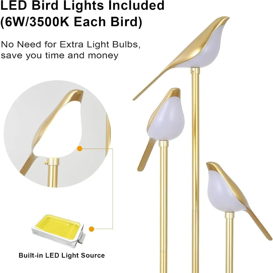 Gold Floor Lamps for Living Room Modern Floor Lamp with Shelves Mid Century Standing Lamp with 3 Adjustable LED Bird Lights Cor