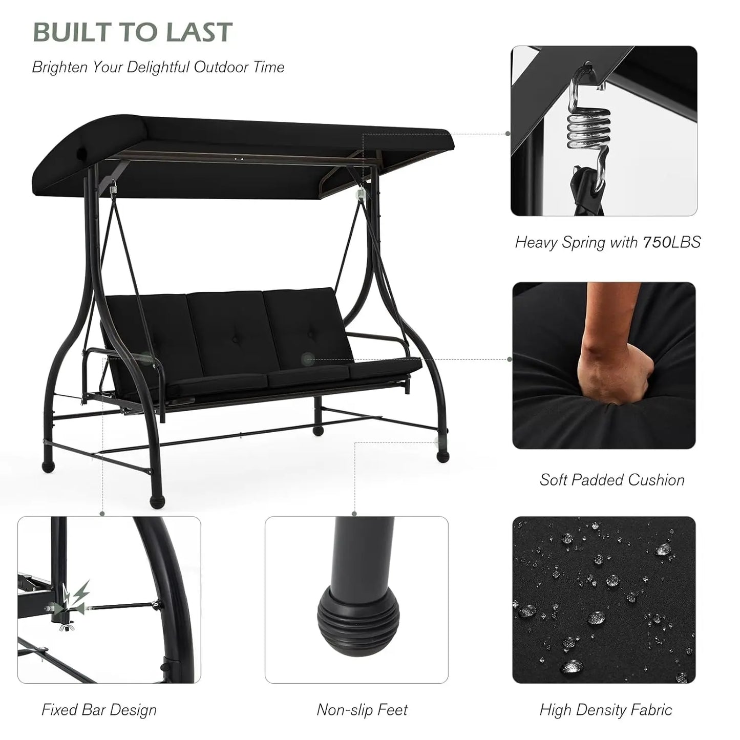 3-Seat Outdoor Patio Swing Chair, Converting Swing Glider Canopy Hammock w/Adjustable Backrest and Canopy, Customized