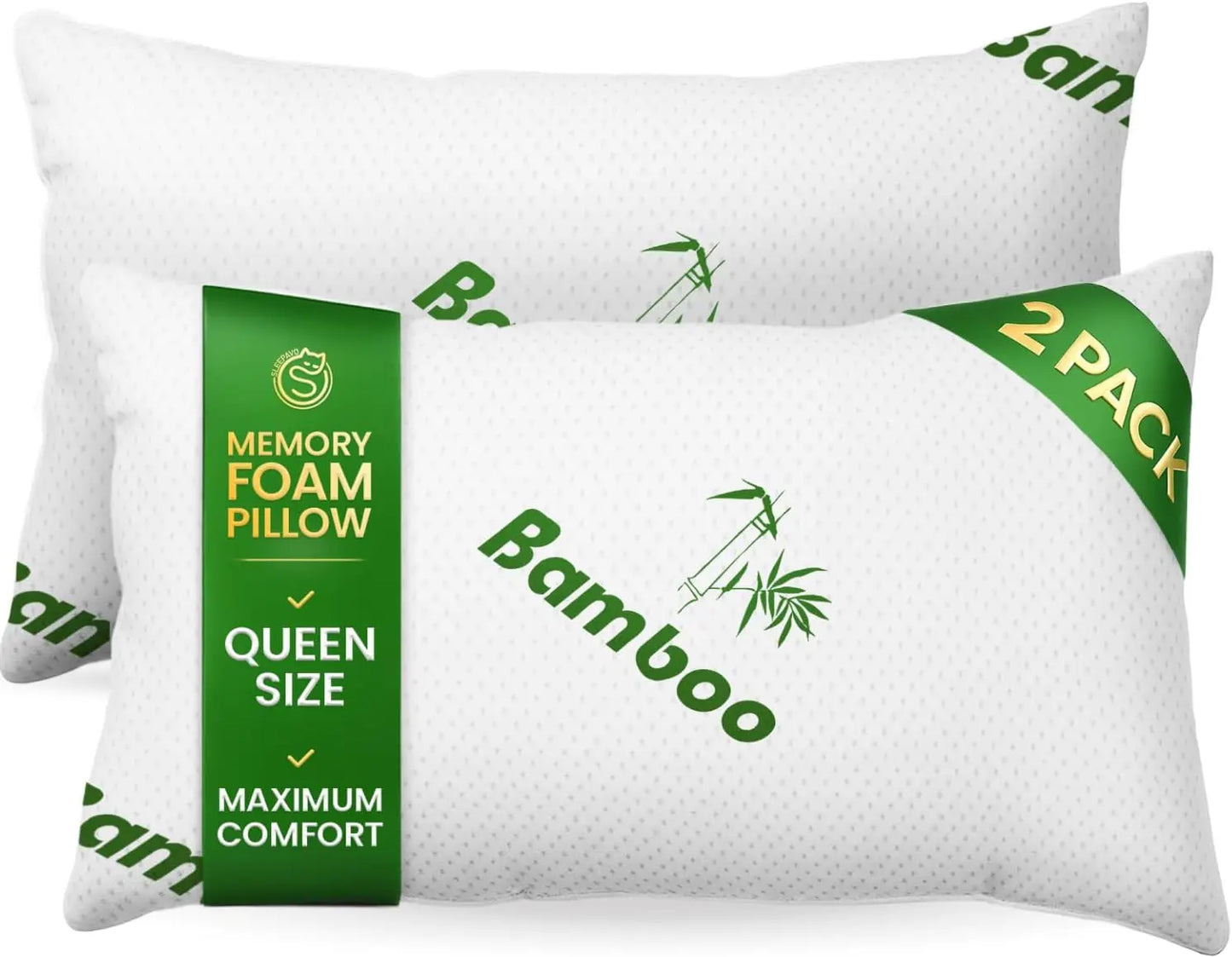 Queen Size Memory Foam Pillows Set of 2 - Cooling Bed Pillows for All Sleepers, Firm and Comfy, Bamboo Rayon