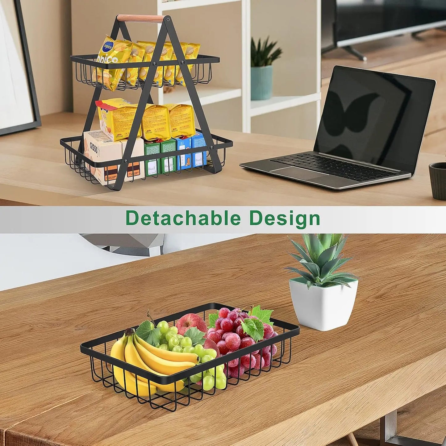 2-Tier Metal Fruit Basket, Portable Kitchen Organizer for Fruits Vegetables Snacks Storage
