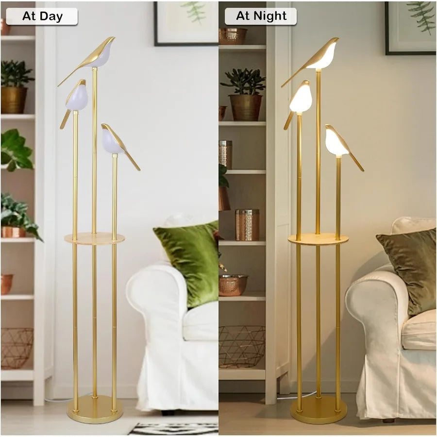 Gold Floor Lamps for Living Room Modern Floor Lamp with Shelves Mid Century Standing Lamp with 3 Adjustable LED Bird Lights Cor