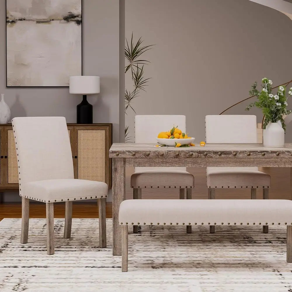 6-Piece Wooden Dining Set with Upholstered Bench and 4 Chairs, Elegant Kitchen Table with Nailhead Trim Accents