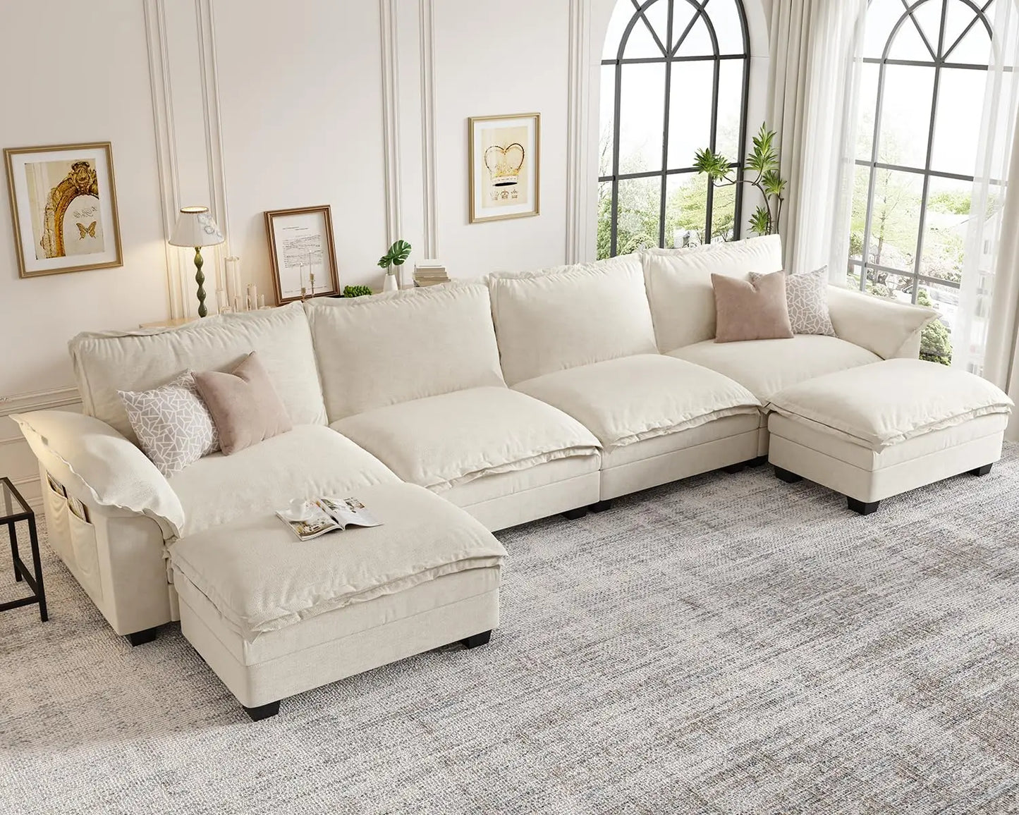 U-Shaped Modular Sectional Sofa, 6 Seater Cloud Couch with Ottoman, Chenille Sectional Couches for Living Room