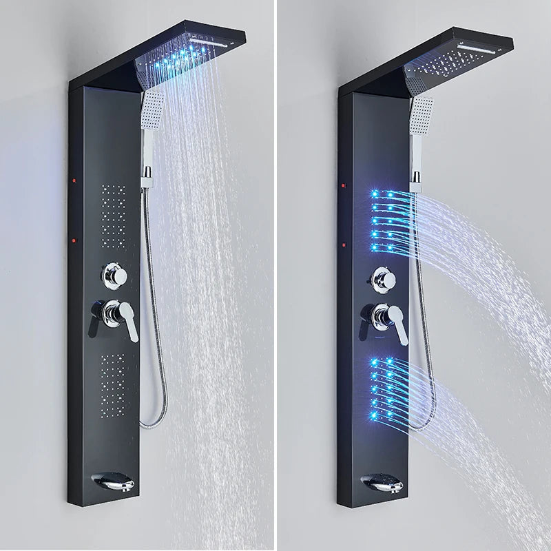 Nekjacg Black LED Shower Faucet Shower Panel & Column Bathroom Waterfall Rain Shower System Wall Mount Massage Spa Spout System