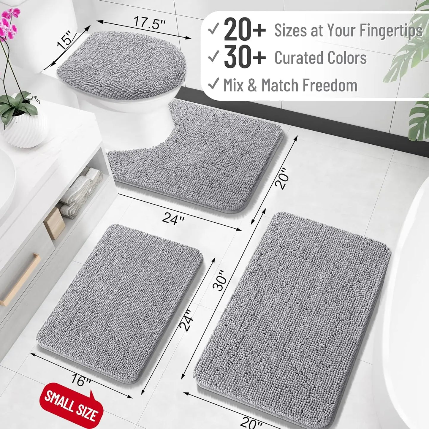 Soft Absorbent Chenille Bath Rugs 50x30, Quick Dry Rubber Backing, Machine Washable for Bathroom Floor and Shower