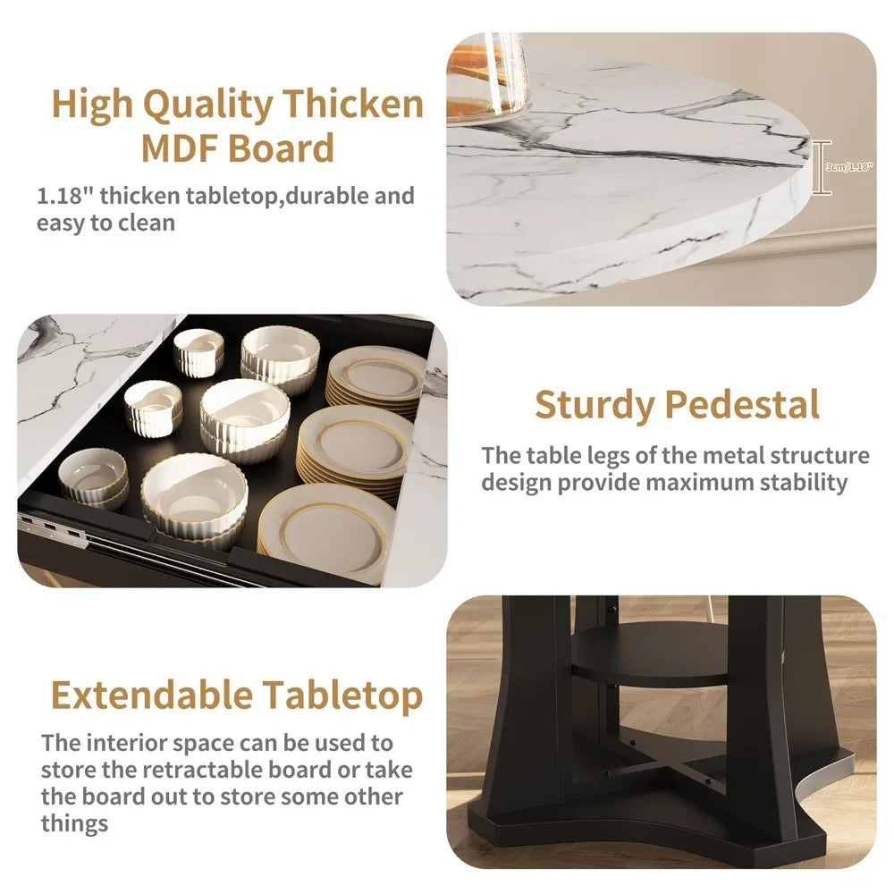 Extendable Dining Table 43"-59" for 4-6, White Faux Marble Round Kitchen Dining Room Table with 2 Tier Storage, Customized