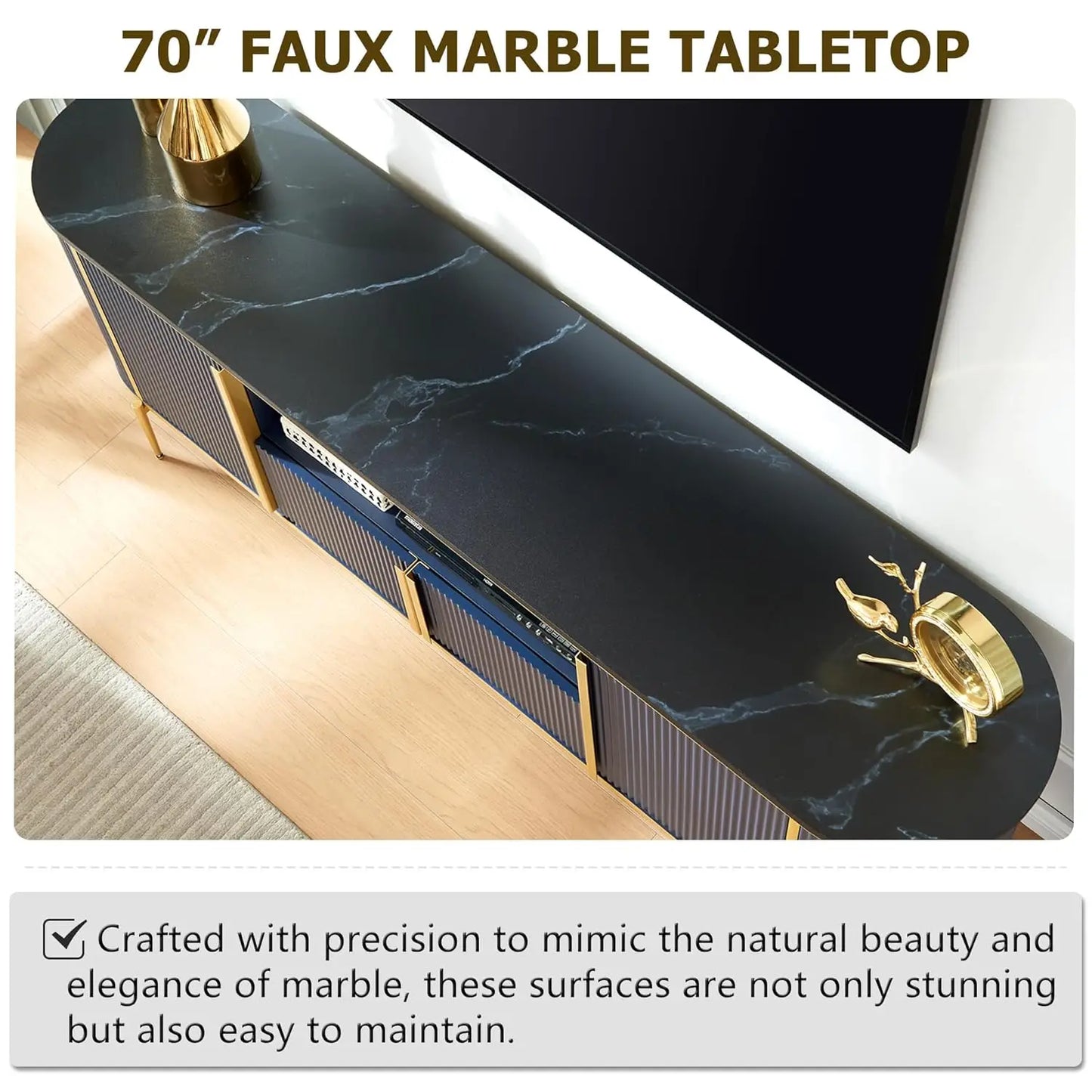 70" Fluted TV Stand Modern Entertainment Center Faux Marble Top Curved Profile Media Console Living Room Navy Blue Customized