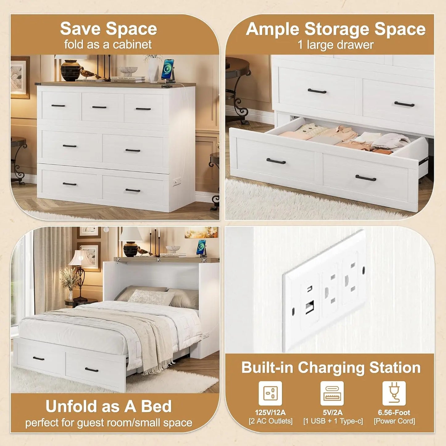 Full Size Murphy Bed Cabinet Bed Foldable Platform Bed with Charging Station Storage Drawer for Small Bedroom, Customized