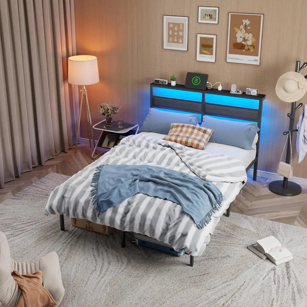 Bed Frame with Headboard, Bed Frame with LED Light and Charging Station, Black Metal Platform, Customized