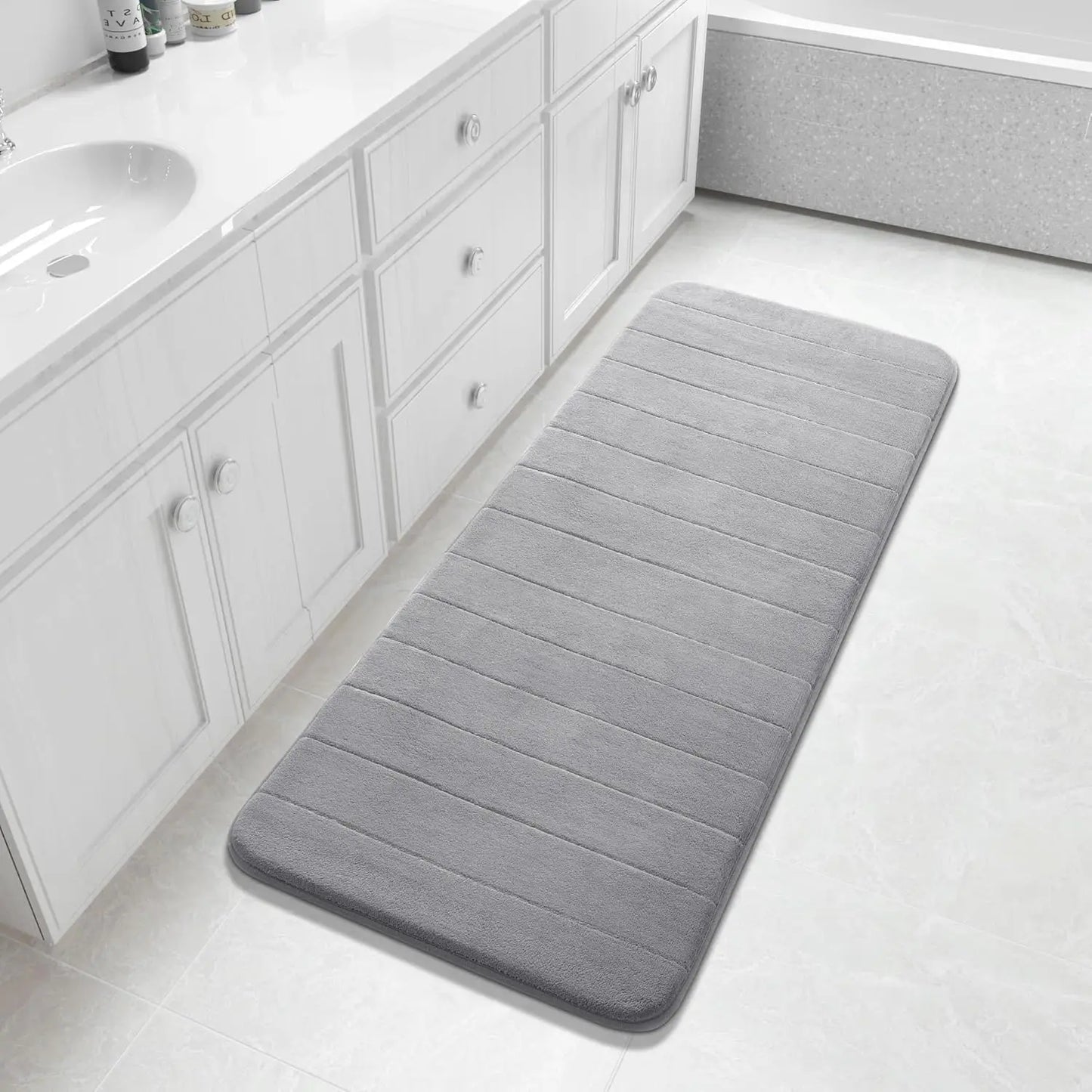 Non-Slip Memory Foam Bath Mat, Super Soft Water Absorbent Rug for Bathroom Vanity Tub Shower, Gray