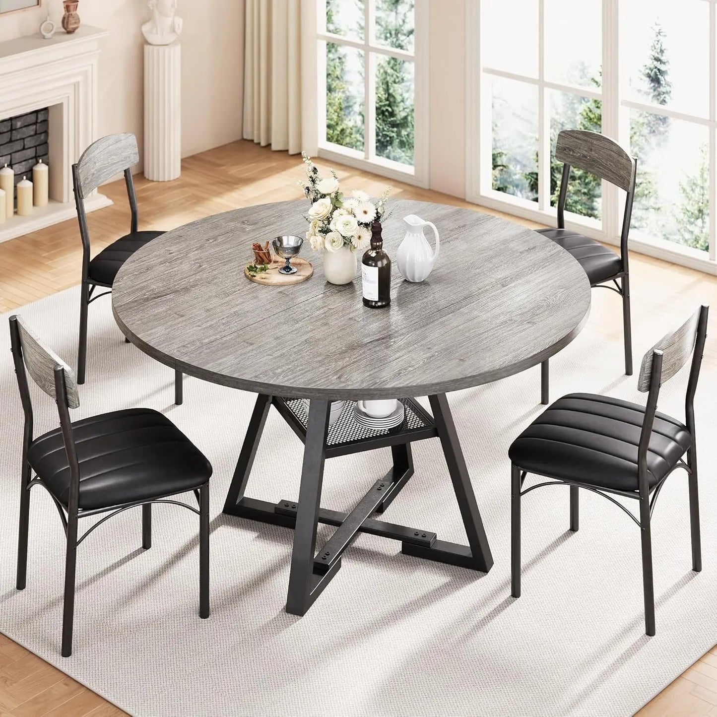 Round Dining Table Set for 4, Kitchen and Chairs for 4, Circle Round Pedestal Dining Room Dinner Dinette Set,5