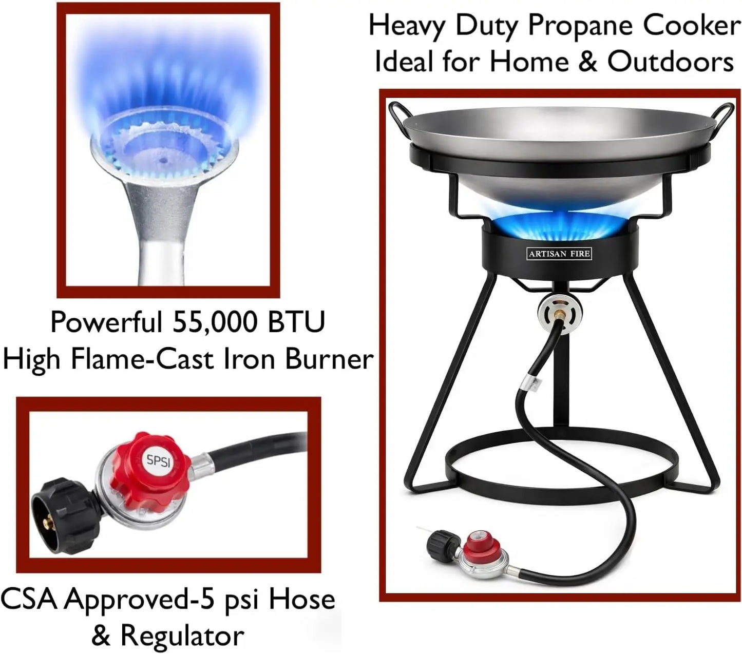 Outdoor Cooker Stove with Iron Wok, Propane Grill, 55,000 BTU High Pressure Burner for Backyard BBQ and Camping