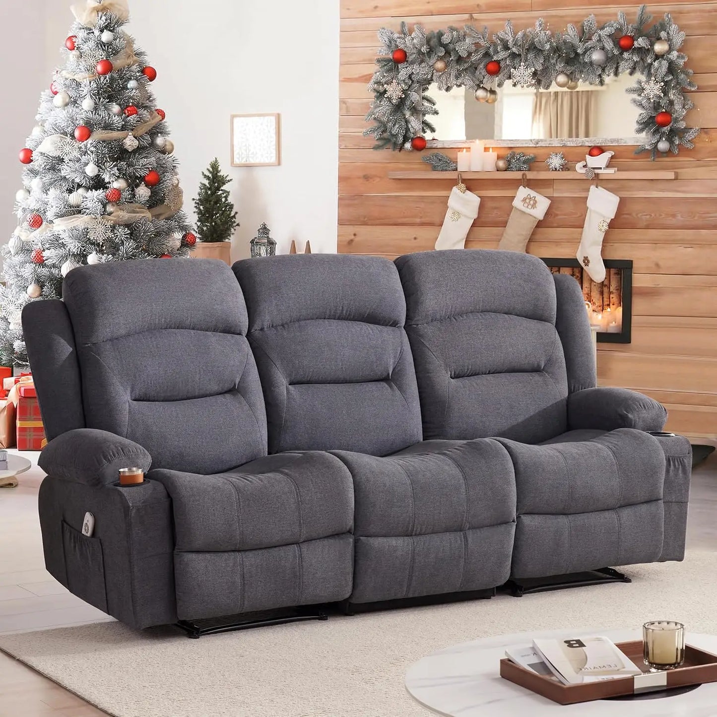 Oversized 3-Seater Recliner Sofa with Heat & Massage Wall-Hugger Cup Holders USB Port Fabric Grey for Living Room RV