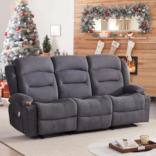 Oversized 3-Seater Recliner Sofa with Heat & Massage Wall-Hugger Cup Holders USB Port Fabric Grey for Living Room RV