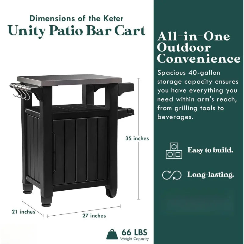 Unity Outdoor Grill Prep Table & Serving Cart, Stainless Steel Top, 40 Gallon Portable Bar Table & Storage Cart, Cooking Accesso