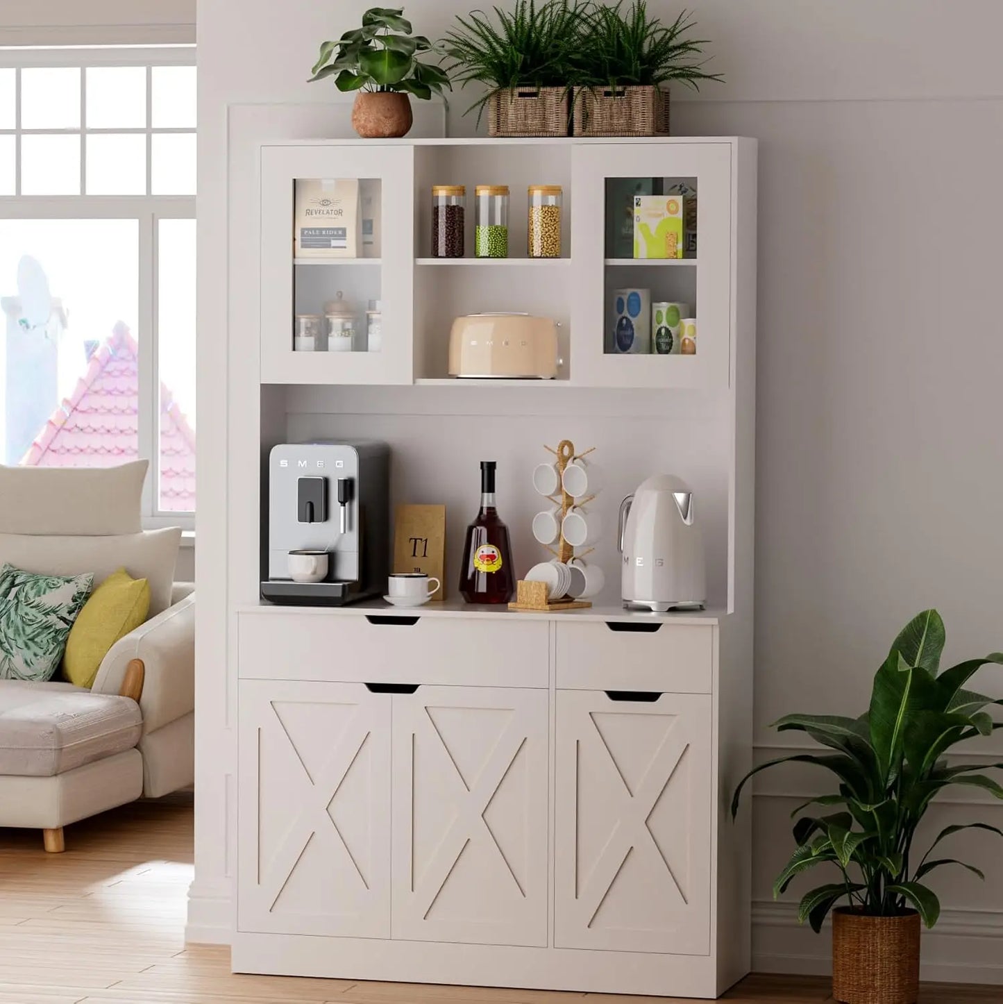 71" Tall Pantry Cabinet Hutch Microwave Stand Charging Station Adjustable Shelves Dining Living Room, Customized