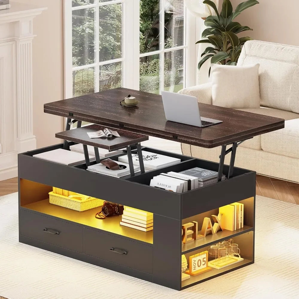 4-in-1 Lift Top Coffee Table with Storage, LED Lights, and Hidden Compartment for Living Room - Black