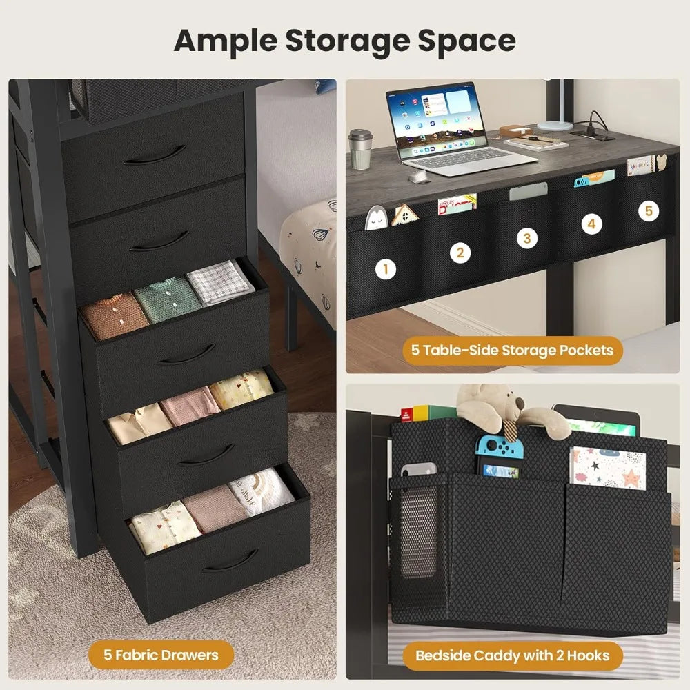Bunk Bed with Desk, Full Over Full Bunk Beds with 5 Storage Drawers & Charging Station, Full Size Bunk Bed with LED, Custom