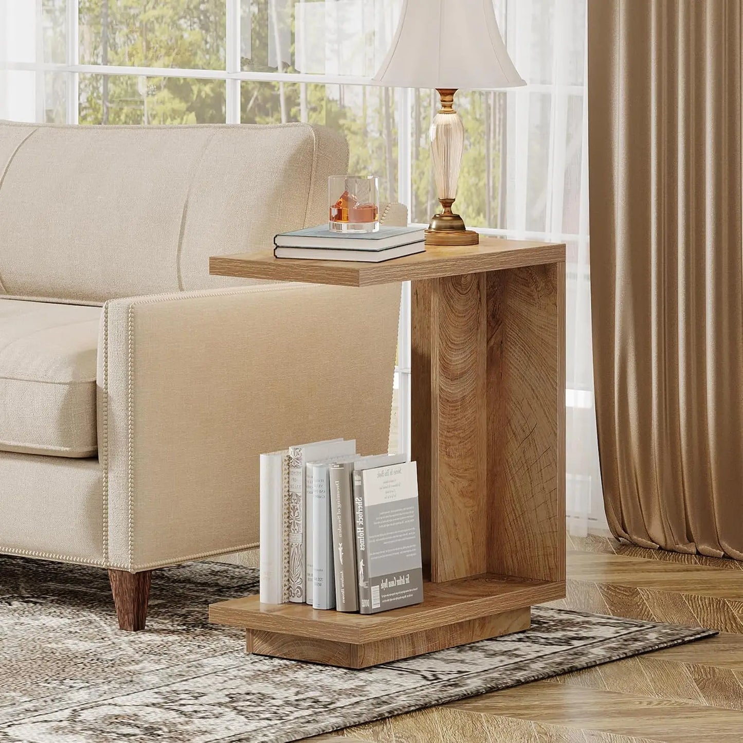 LITTLE TREE C-Shaped Side Table for Couch, 2-Tier C Table with Sturdy Pedestal, Industrial Sofa End Table for Living Room