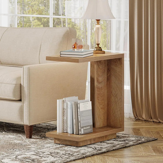 LITTLE TREE C-Shaped Side Table for Couch, 2-Tier C Table with Sturdy Pedestal, Industrial Sofa End Table for Living Room