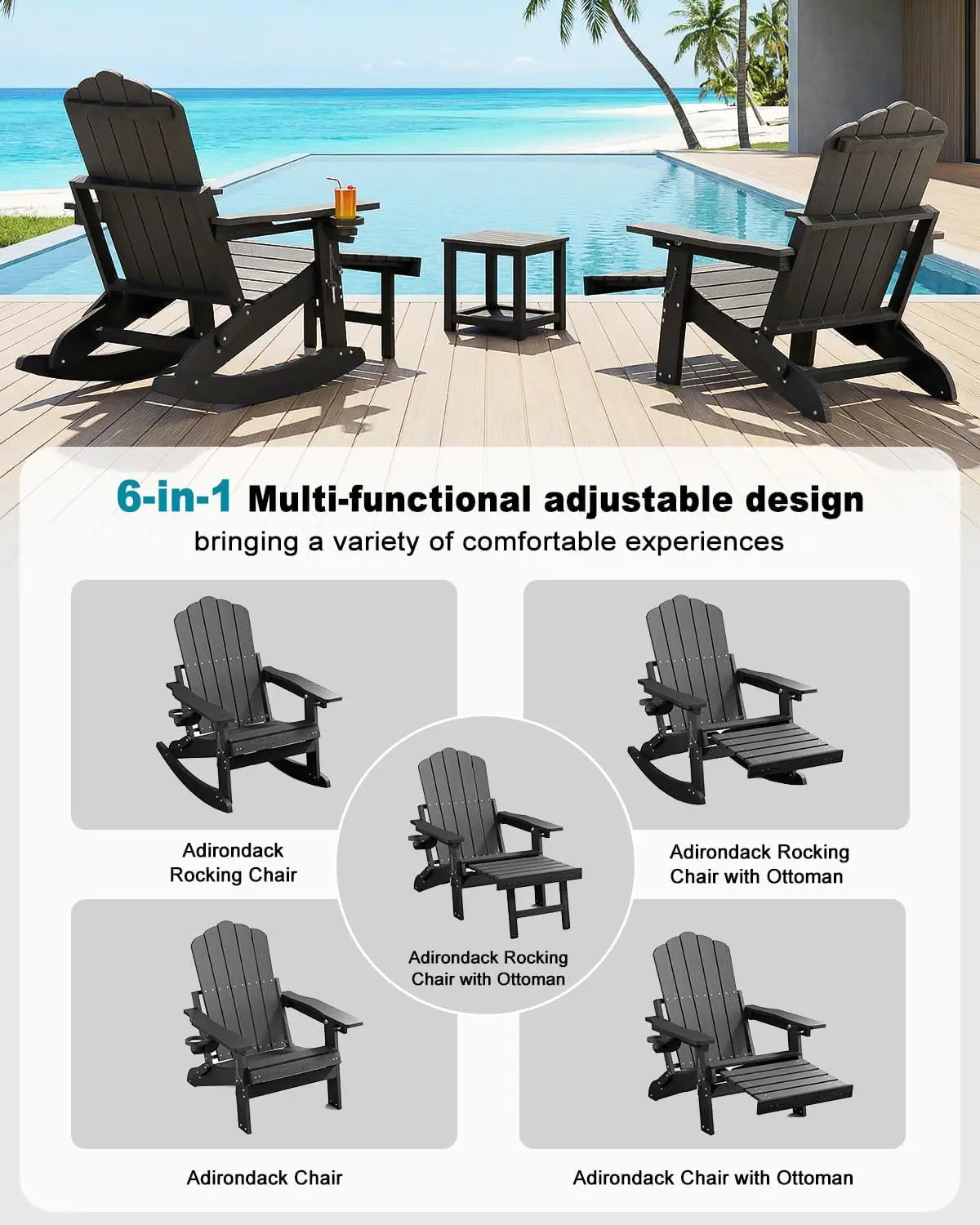 Adirondack Rocking Chairs with Retractable Ottoman & Cup Holders, 6-in-1 Folding HDPE Outdoor Rockers for Patio, Porch, Lawn