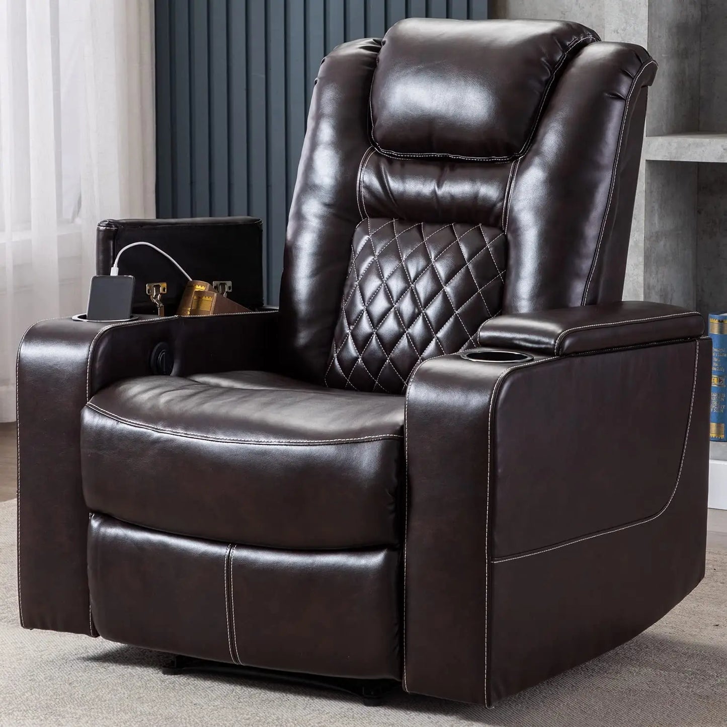 Power Recliner Chair USB Ports Cup Holders Leather Home Theater Hidden Arm Storage Black Customized