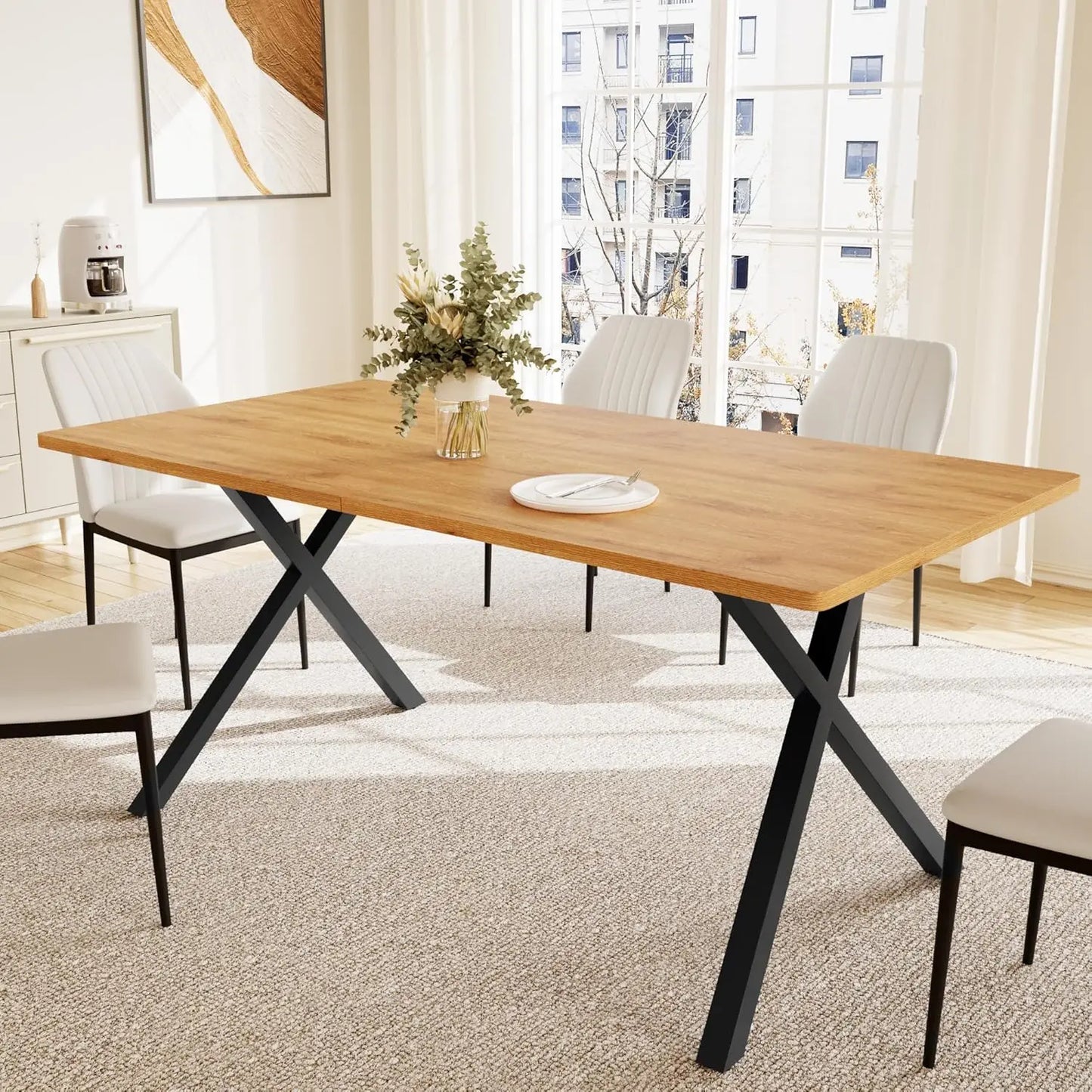 7-Piece Dining Set 63in MDF Table 6 Upholstered Chairs Metal Legs Kitchen Room Oak White Custom