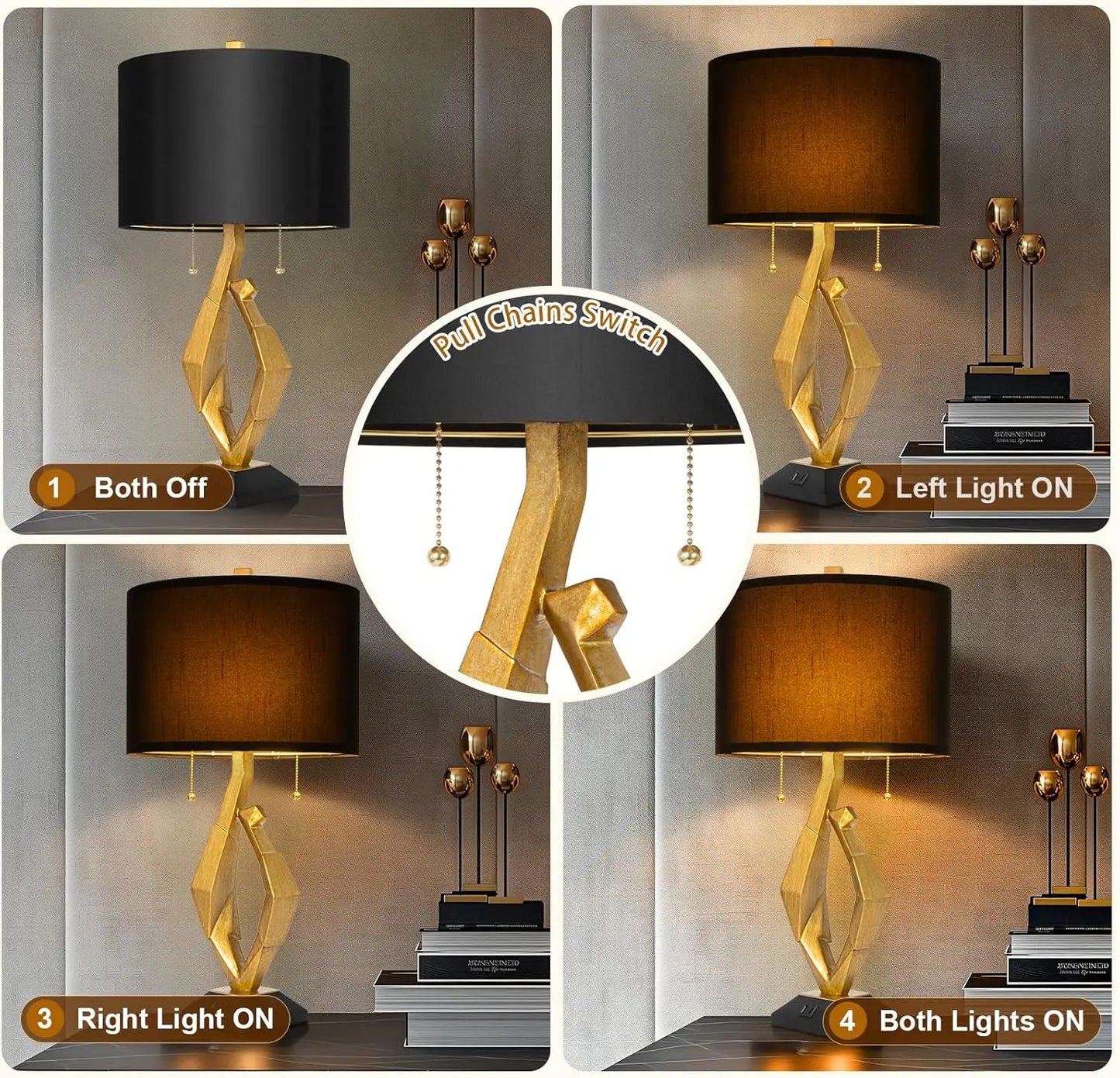 Table Lamp Set of 2 with USB Ports For Living Room, Gold Leaf Finish Farmhouse Lamps with S Cluster Pull Chains Switch
